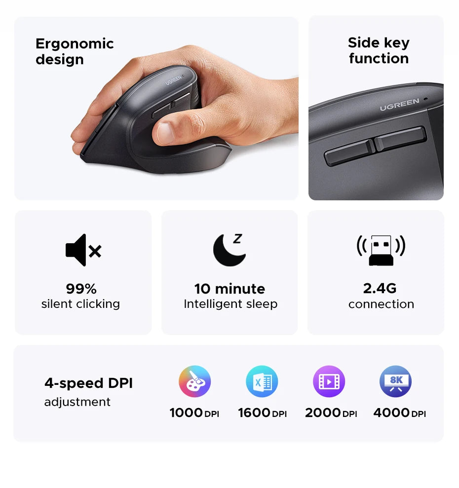 UGREEN Vertical Wireless Mouse – Ergonomic 2.4G, 4000DPI, 6 Silent Buttons