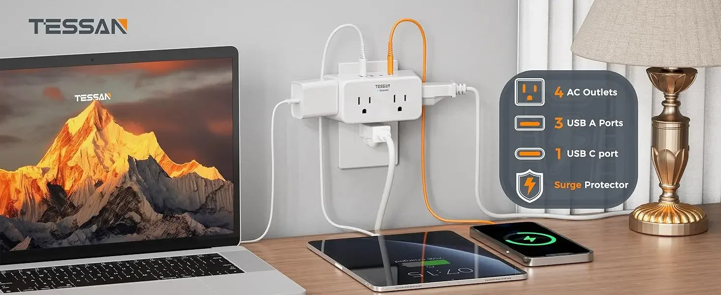 TESSAN Multi-Socket Wall Expander – 4 AC Outlets & 3 USB Ports  & 1 USB - C