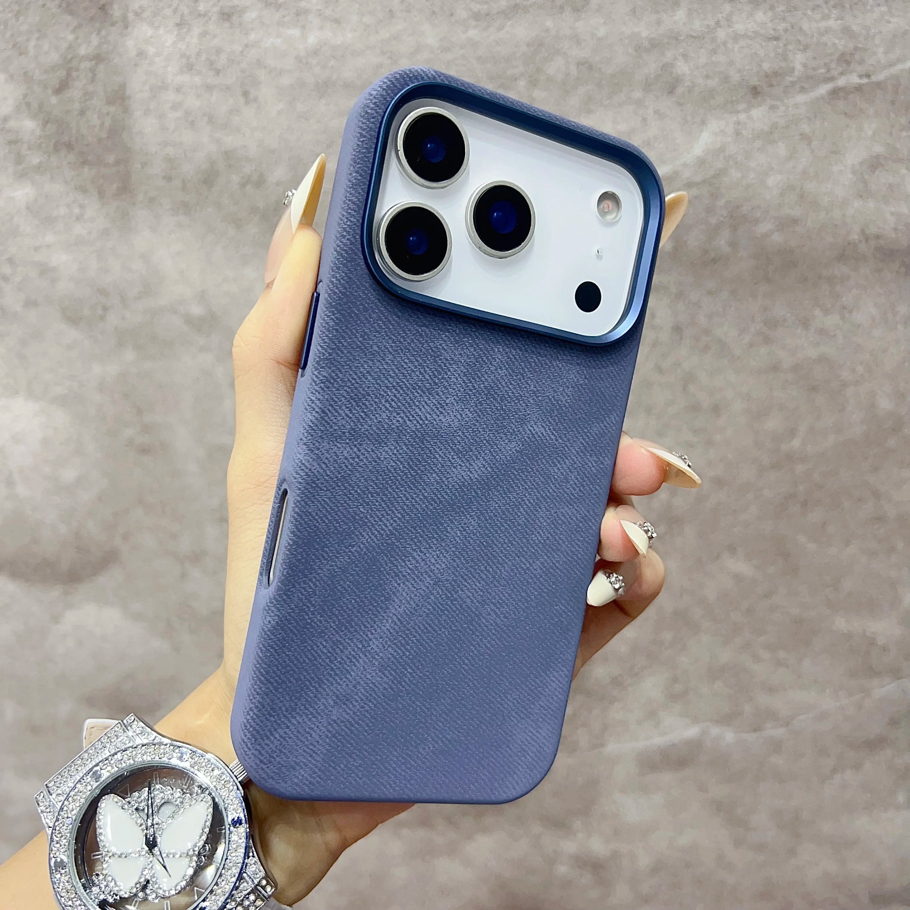 Luxury MagSafe Fiber Leather iPhone Case – Shockproof & Alloy Lens