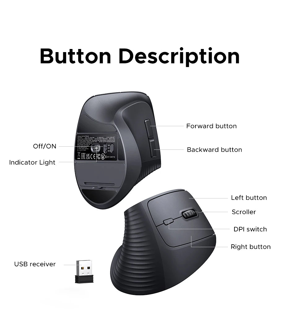 UGREEN Vertical Wireless Mouse – Ergonomic 2.4G, 4000DPI, 6 Silent Buttons