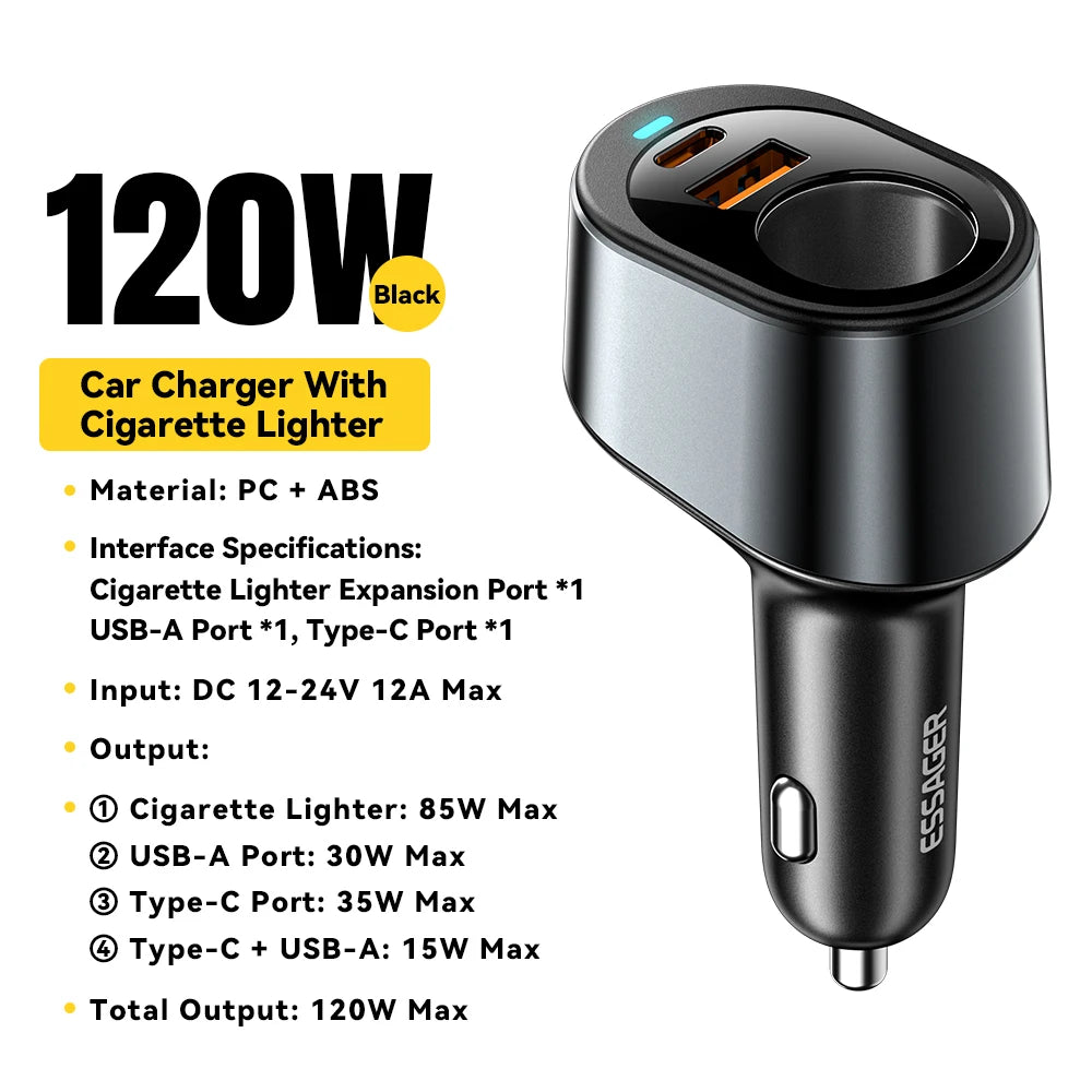 Essager 120W Car Charger Quick Charger Cigarette Lighter QC3.0 USB Type C Fast Charging in Car For iPhone 15 14 13 Xiaomi Laptop