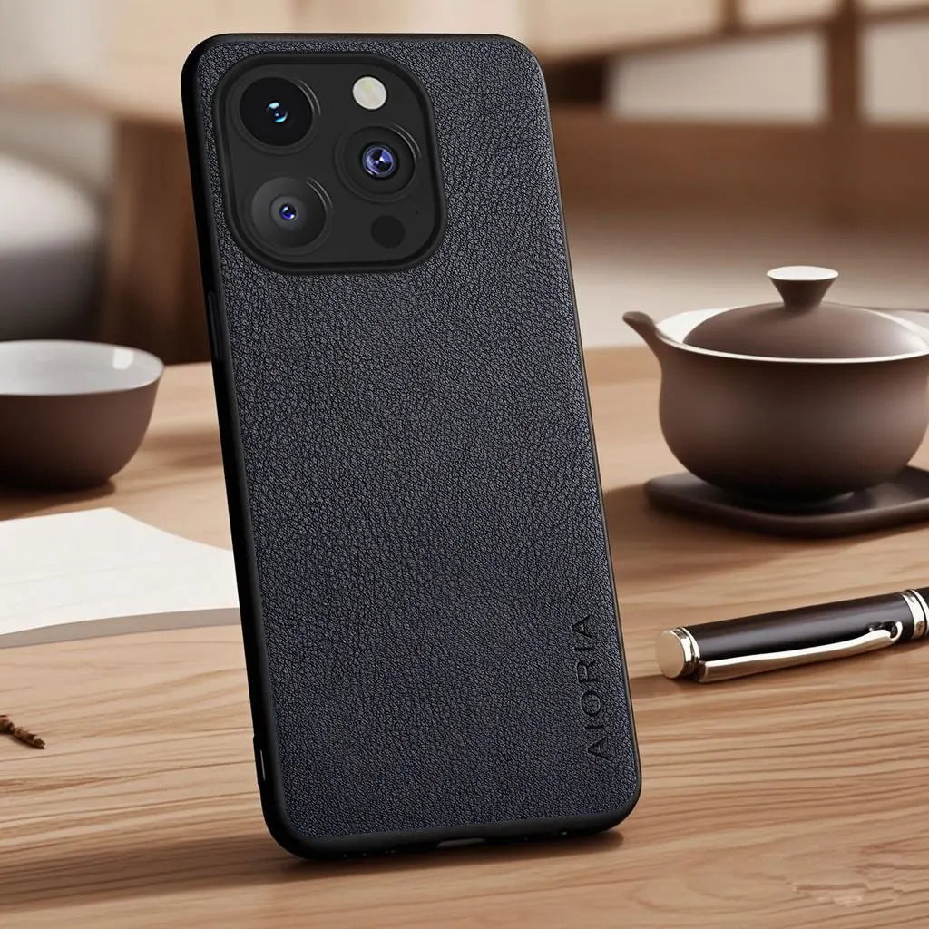 Vegan Faux Lychee Pebbled Leather Case for iPhone 15–17 Series – Soft Protective Cover