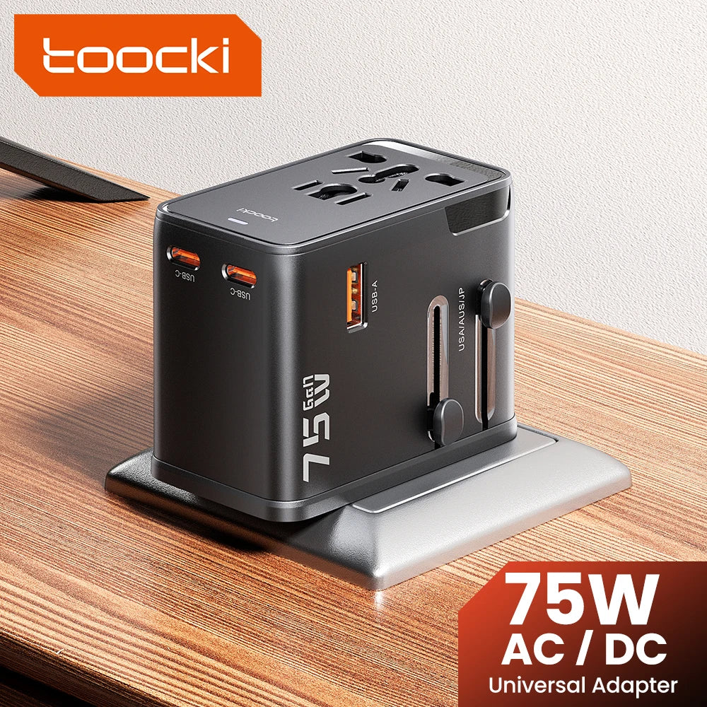 TOOCKI 75W GaN Universal Travel Adapter – Worldwide Plug with 45W USB-C Fast Charging