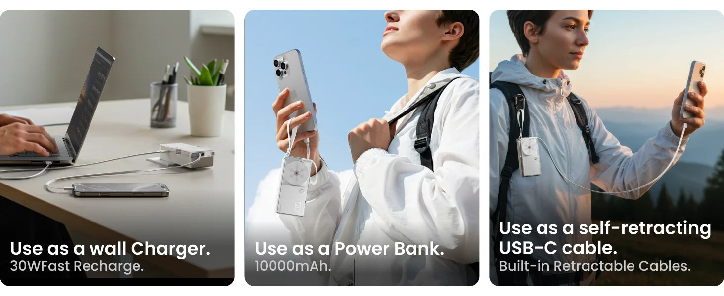30W Portable 3-in-1 Power Bank – USB-C Charger with AC Plug for Phones