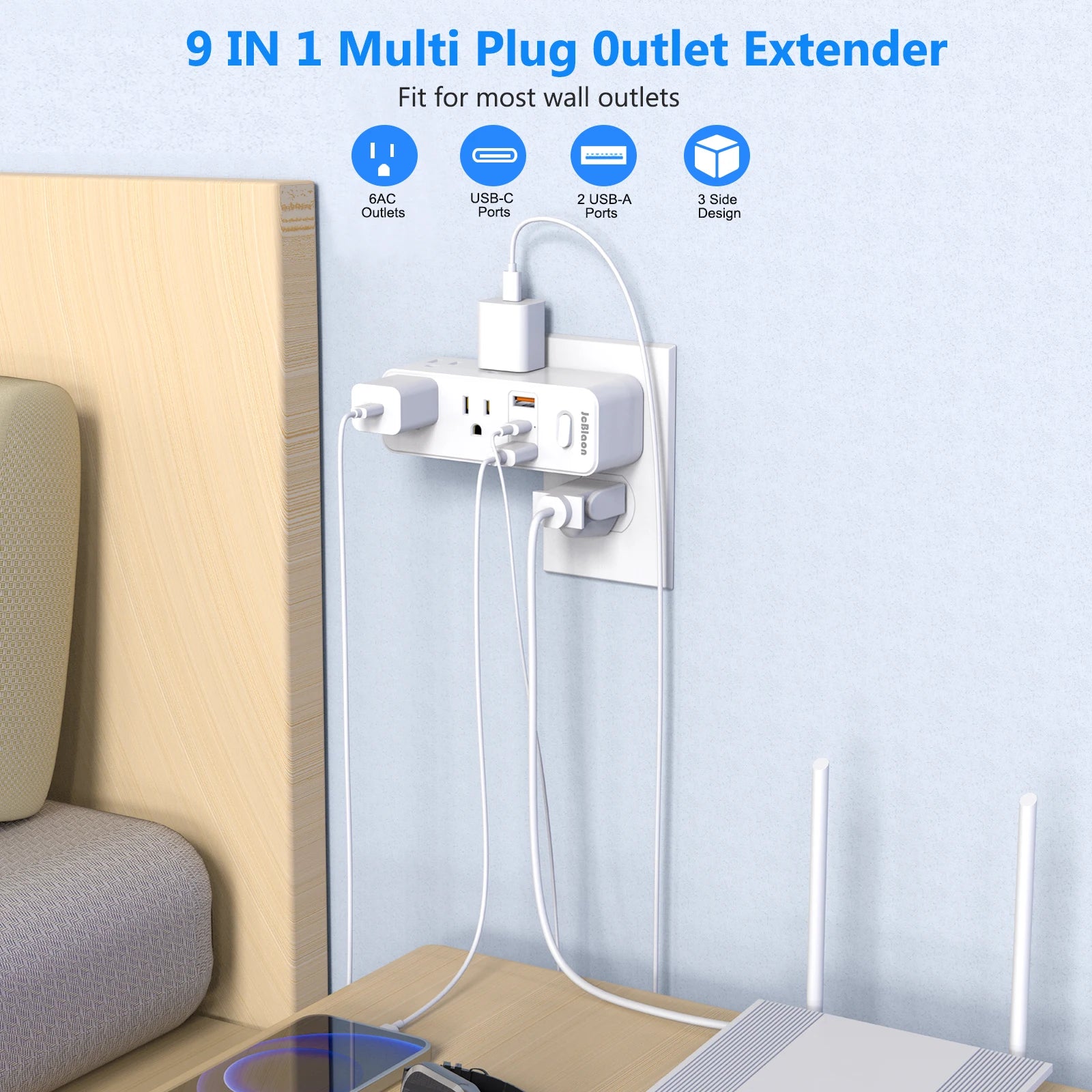 360° Rotating US Power Strip – 6 AC Outlets, 2 USB & 1 USB-C with On/Off Switch