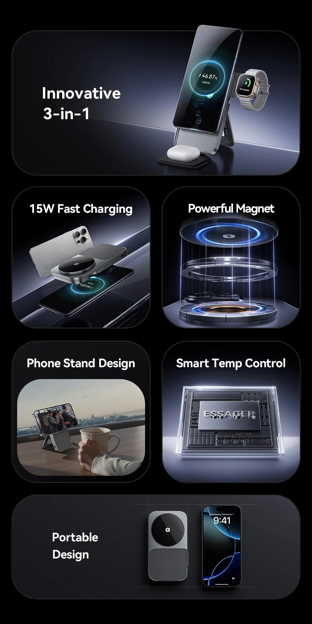 ESSAGER 3-in-1 Foldable Wireless Charger – 15W Optimized