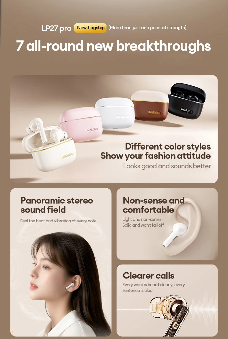 Lenovo LP27 Pro Bluetooth Earphones HIFI Stereo Sound Call Noise Reduction Wireless Headset Long Endurance Earbud Leather Design