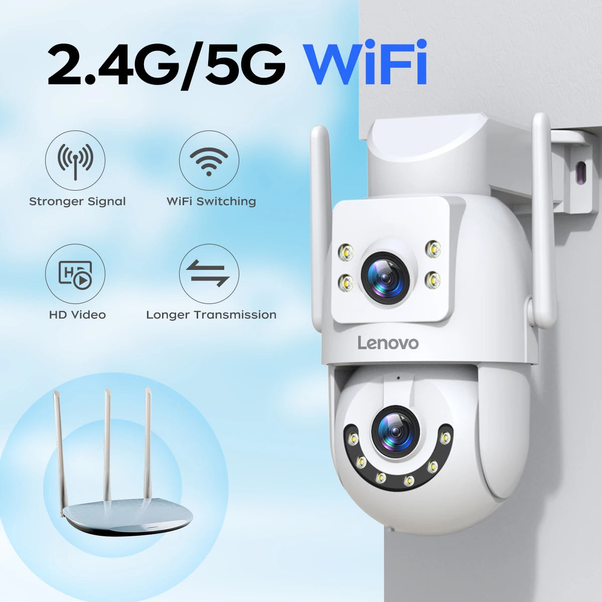 Lenovo 4K Dual-Lens PTZ Wi-Fi Outdoor Security Camera with Auto Tracking & ONVIF