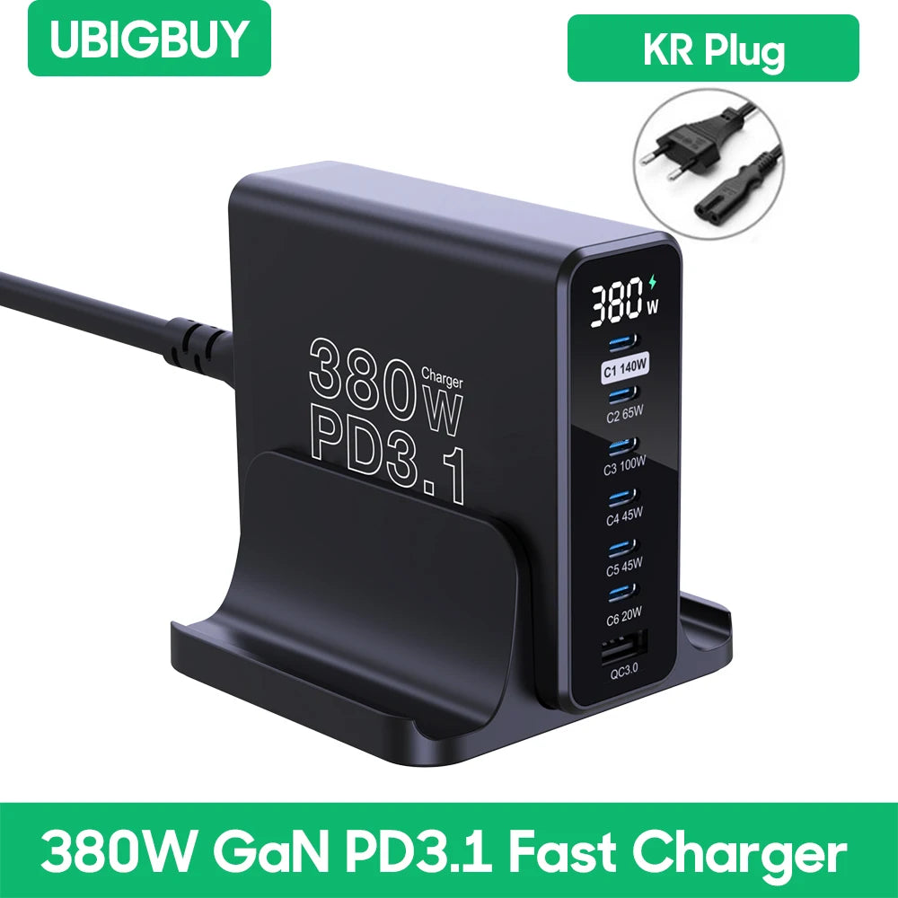 Ubigbuy 380W GaN USB C Charger PD 3.1 140W 100W PPS 45W Fast Charging Station LCD Display for iPhone 15 Samsung MacBook Pro/Air
