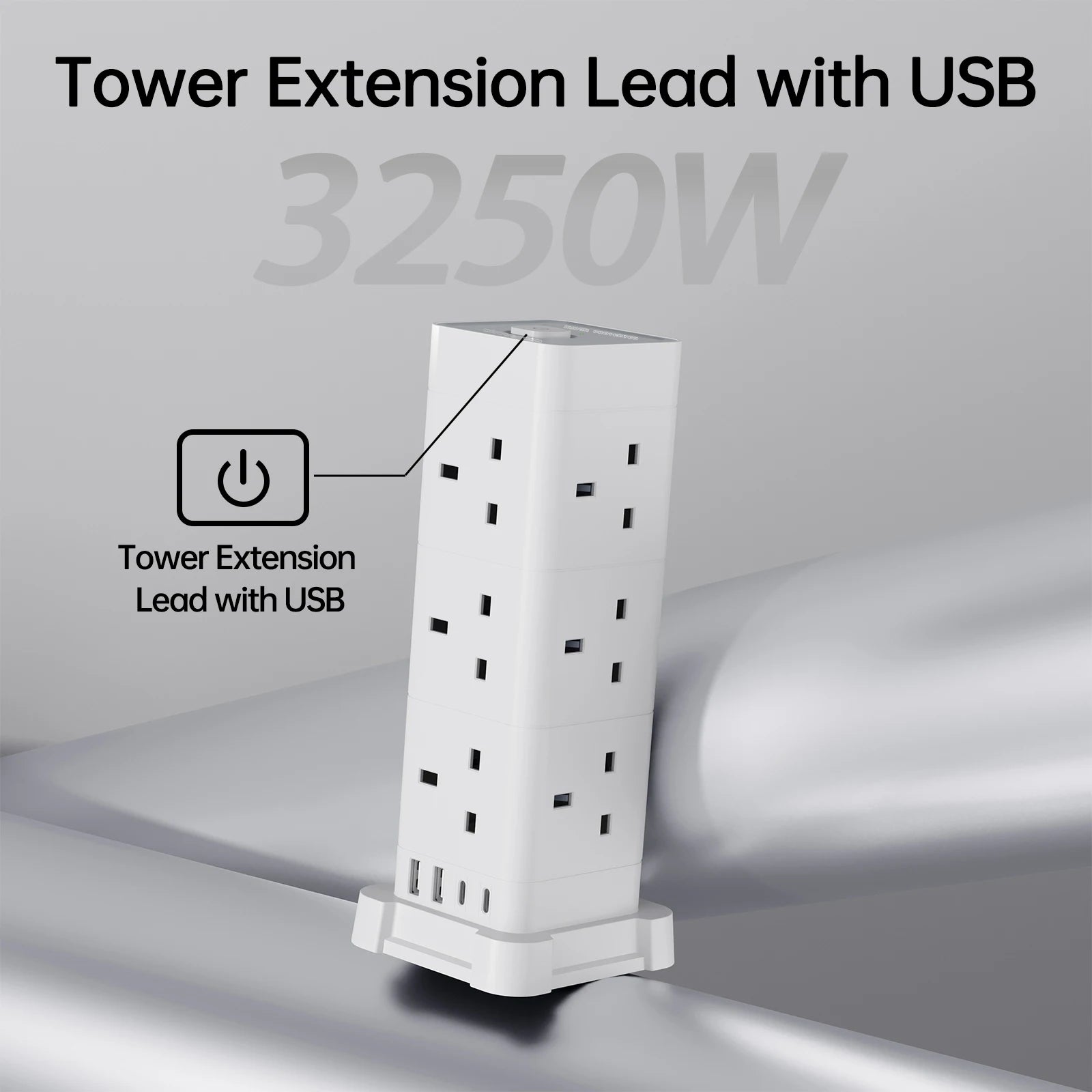 UK Power Tower Extension Lead – Multi Socket Surge Protector with USB-C & USB Charging Ports