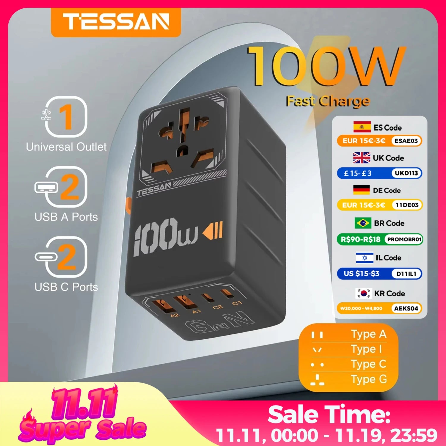 TESSAN 100W GaN Universal Travel Adapter – USB & Type-C Fast Charging
