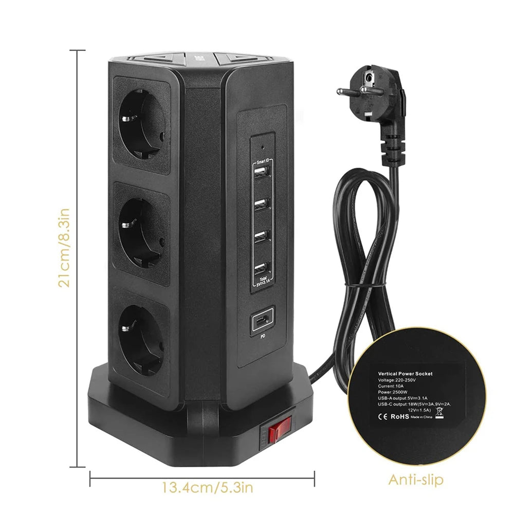 MELERY EU Vertical Space - Saving Tower Power Strip – 9 AC Sockets & 5 USB Ports