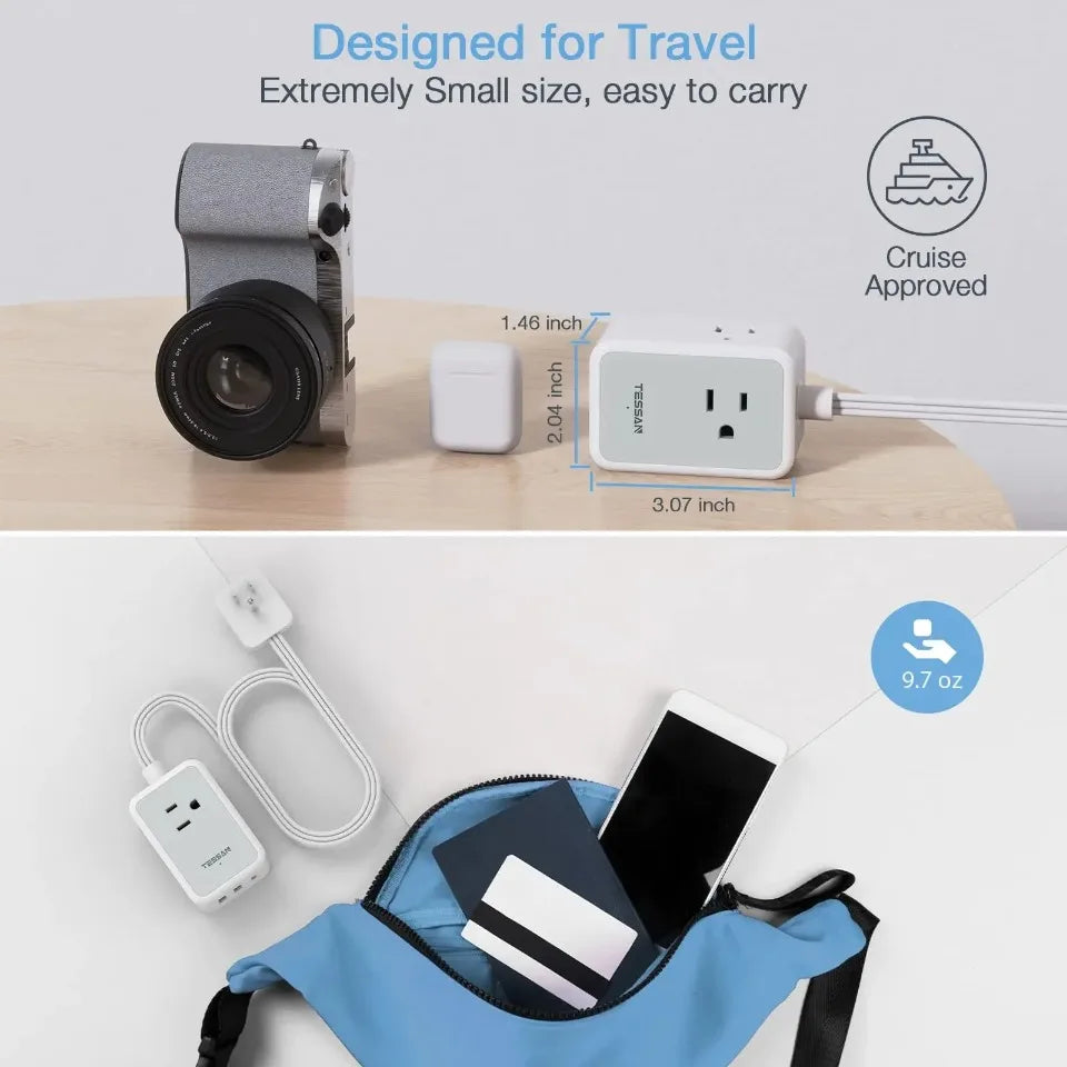 TESSAN Mini Power Strip – Ultra-Thin Design with 3 AC Outlets & 3 USB Ports