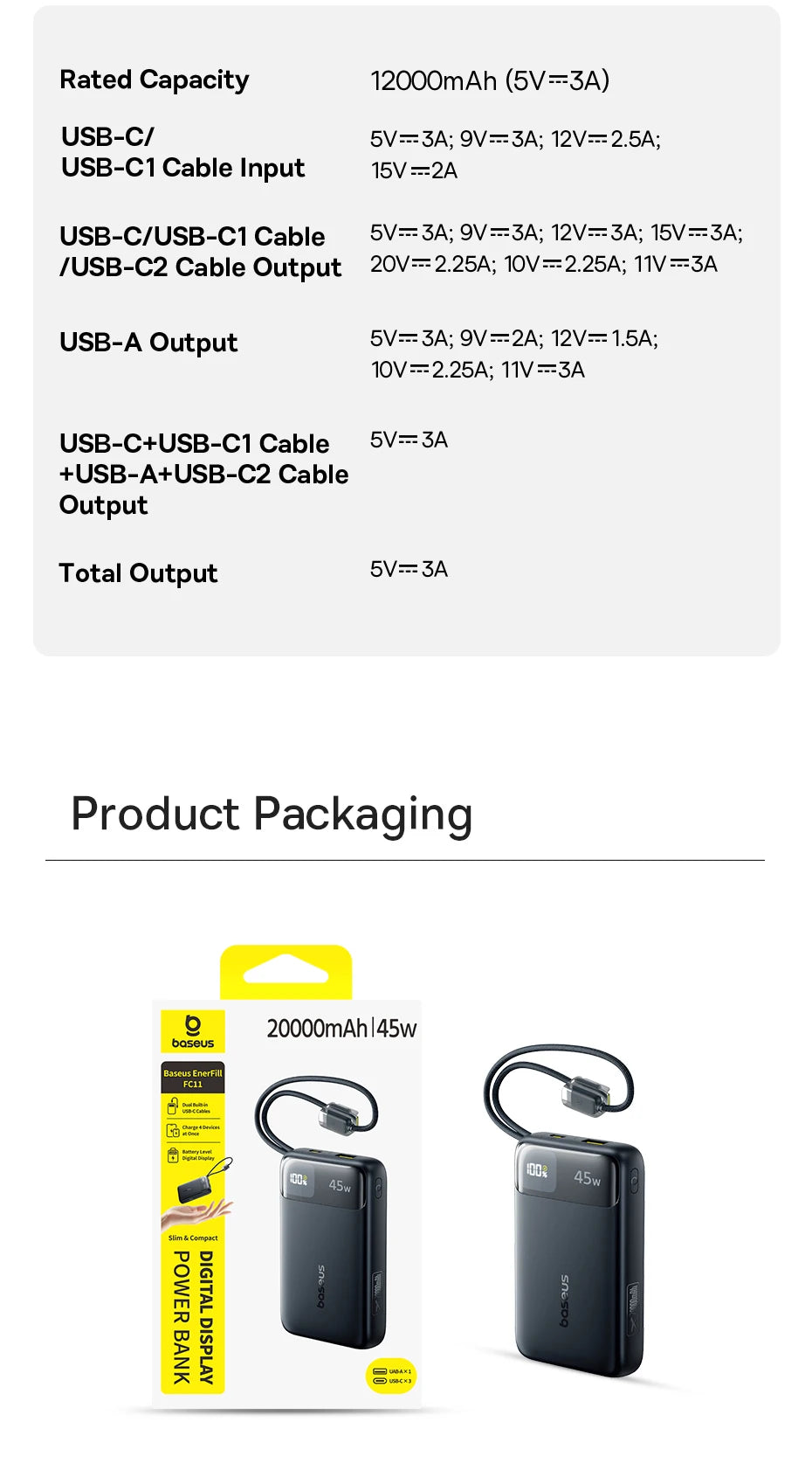 Baseus 45W Power Bank 10000mAh 20000mAh Built-In Dual USB-C Cable Fast Charging for iPhone 17 16 Pro Max Samsung S25 Xiaomi Poco