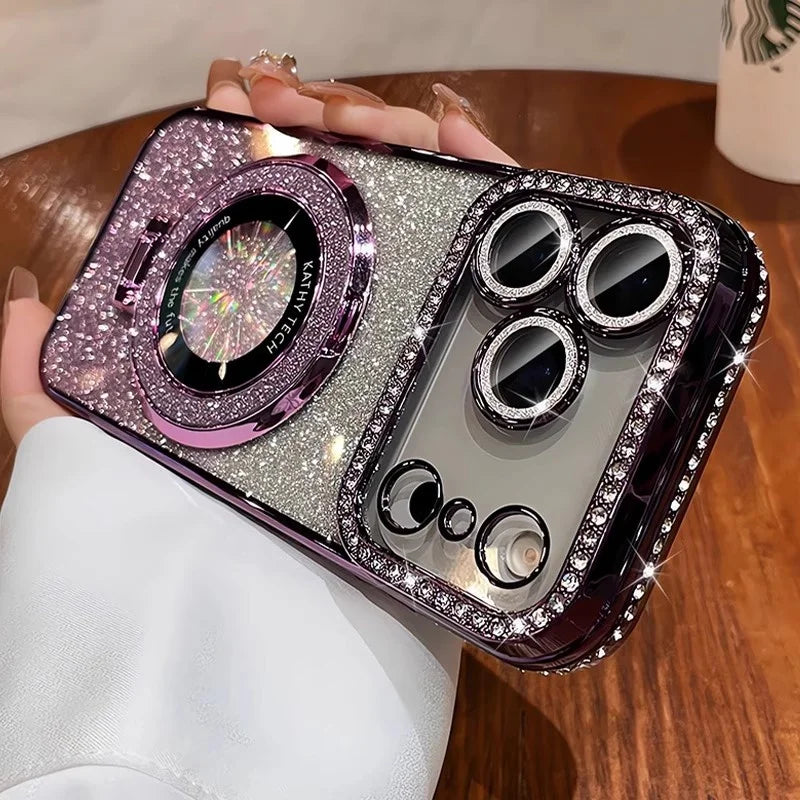 Plating MagSafe Rhinestones Magnetic Stand Case for iPhone 15–17 Series – Diamond Bumper Cover