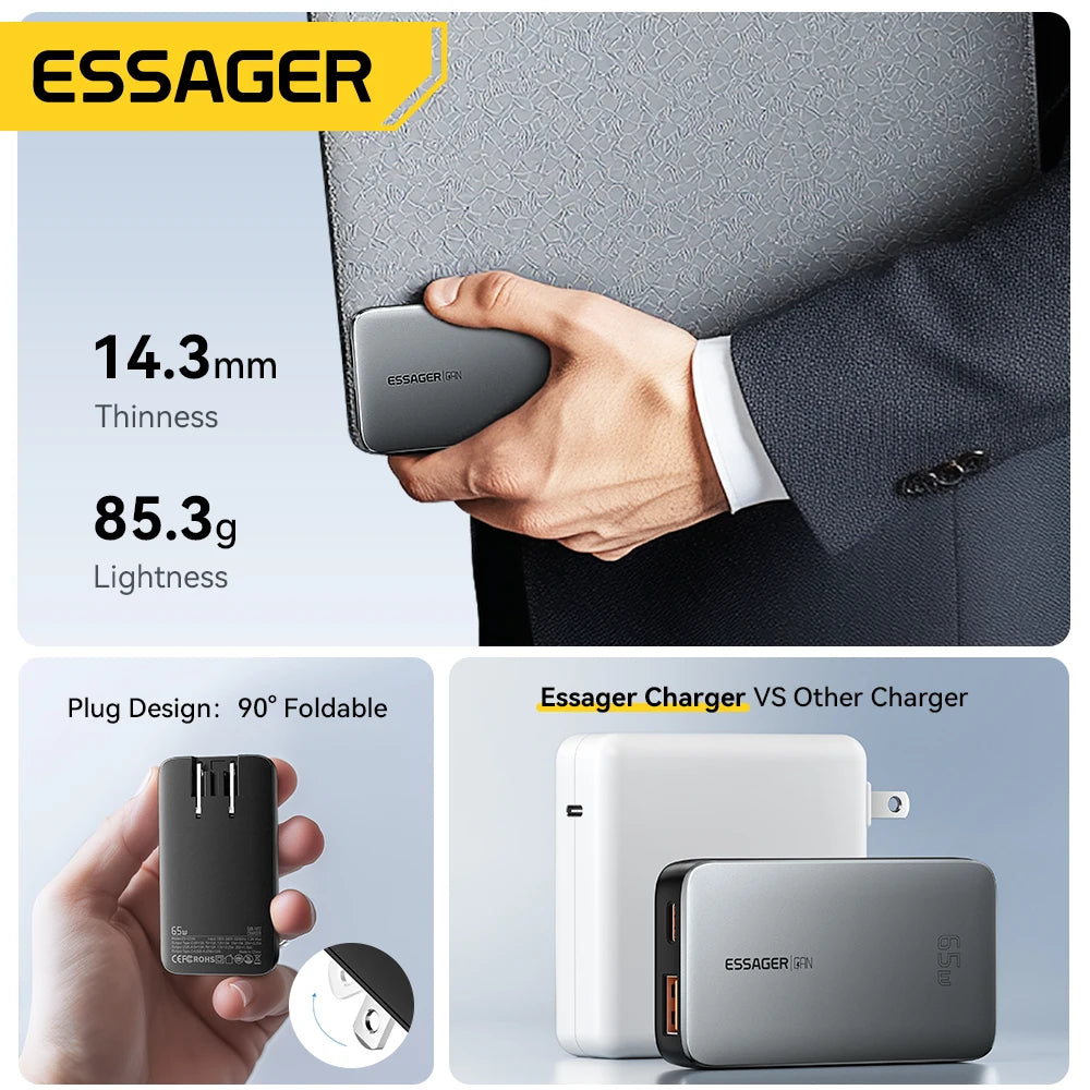Essager 65W GaN Charger USB Type C Quick Charge 3.0 Fast Charger for iPhone 16 15 Xiaomi Samsung ipad Macbook Tablet PD Charger