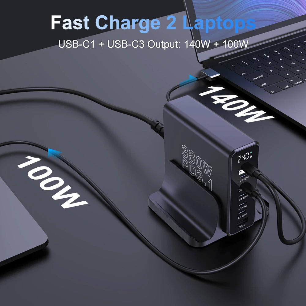 Ubigbuy 380W GaN USB C Charger PD 3.1 140W 100W PPS 45W Fast Charging Station LCD Display for iPhone 15 Samsung MacBook Pro/Air