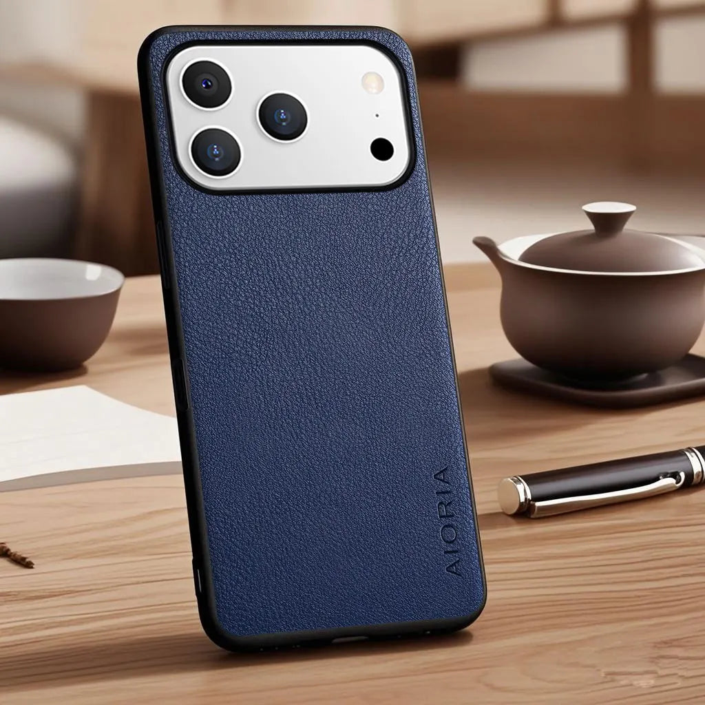 Vegan Faux Lychee Pebbled Leather Case for iPhone 15–17 Series – Soft Protective Cover
