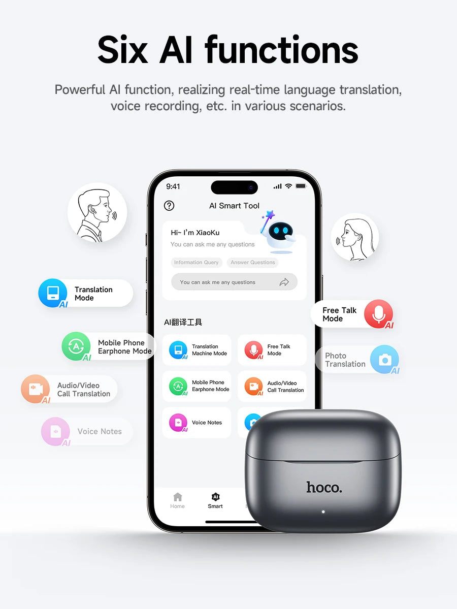 HOCO Smart AI Translation Wireless ANC ENC Noise Cancelling Earphones Bluetooth 5.4 Music Sports HiFi Stereo Earbuds with 4 Mics