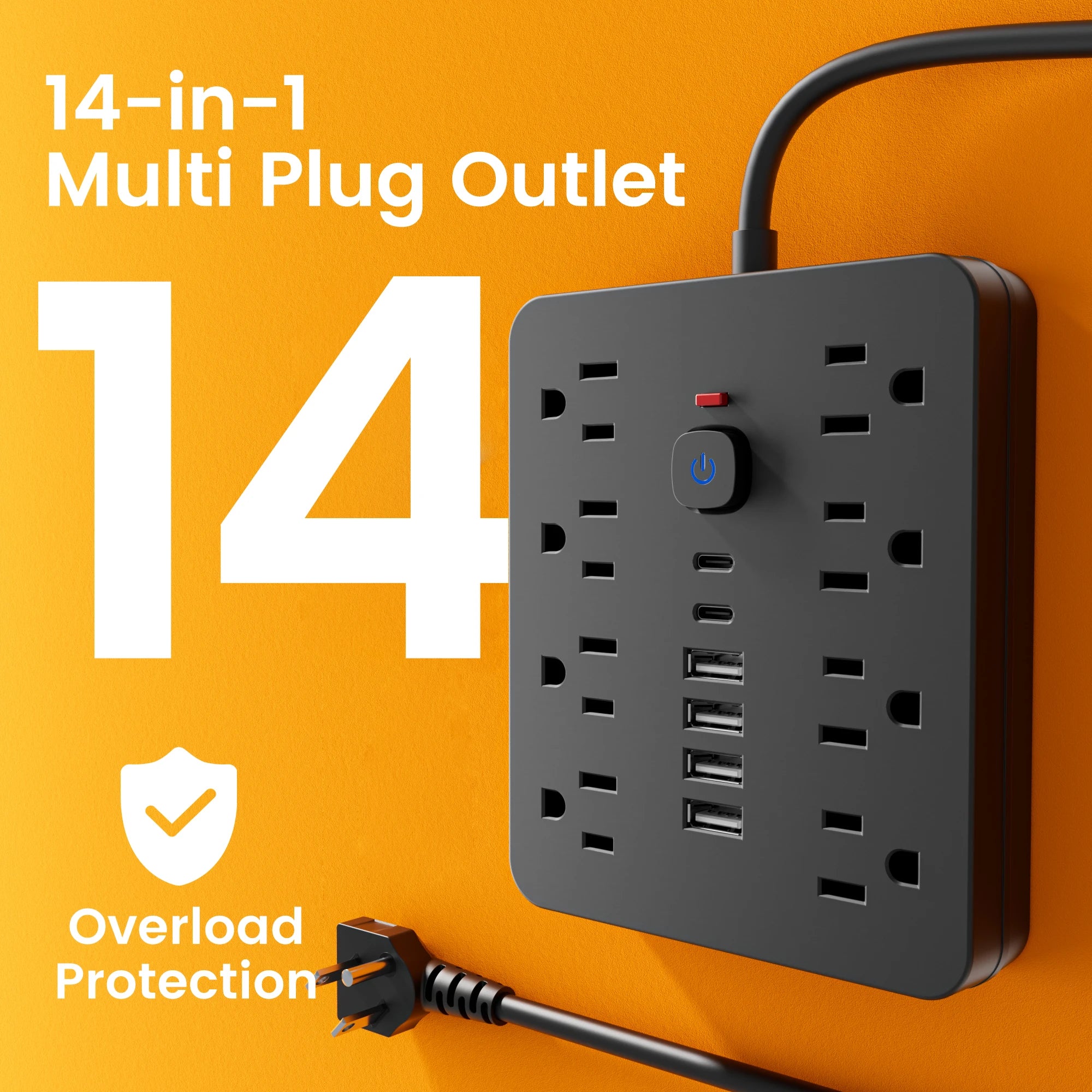 14-in-1 Power Strip – AC Outlets with 4 USB & 2 USB-C Surge Protector