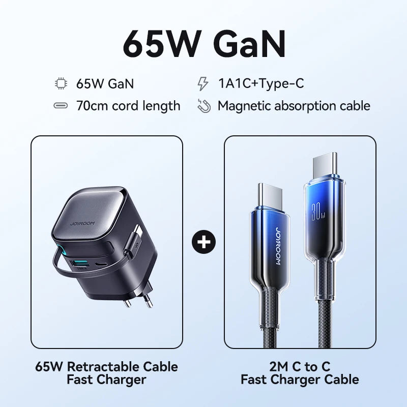 Joyroom 65W GaN PD 3.0 Fast Charger with Retractable USB-C Cable (EU Plug)