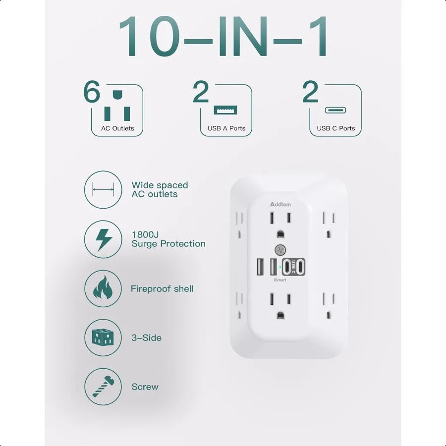 Multi-Plug Wall Outlet with 4 USB & 2 USB-C – Surge Protected