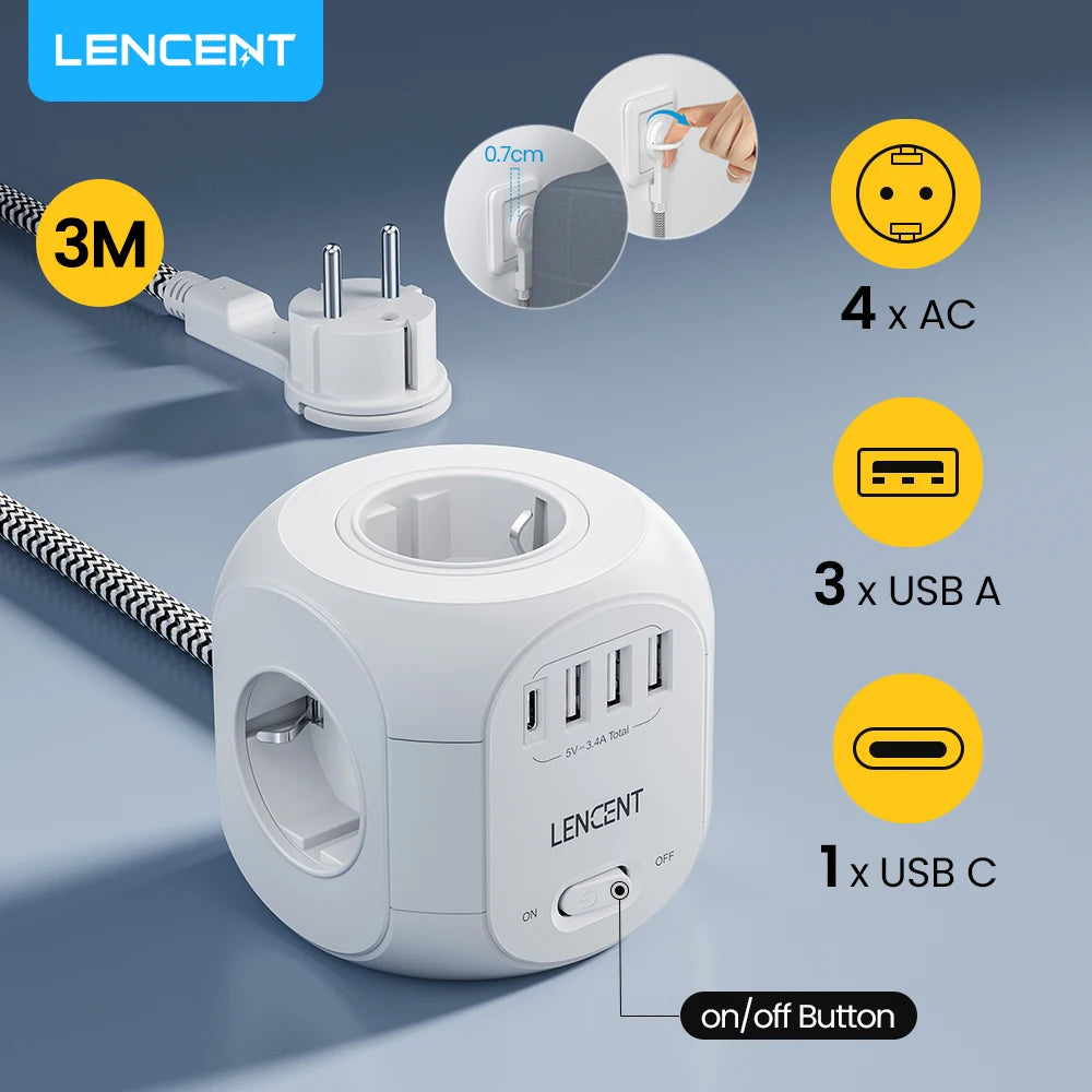 LENCENT Upgraded Power Strip Cube with  4 AC Outlets 3 USB Port 1 Type C 3M Braided Cable Multi Socket with Switch for Home