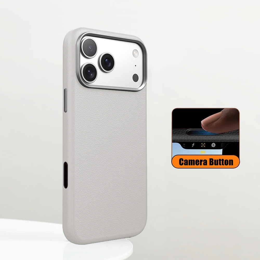 Luxury Business Metal Camera PU Leather Magnetic Case for iPhone 15–17 Series – MagSafe Wireless Protective Cover