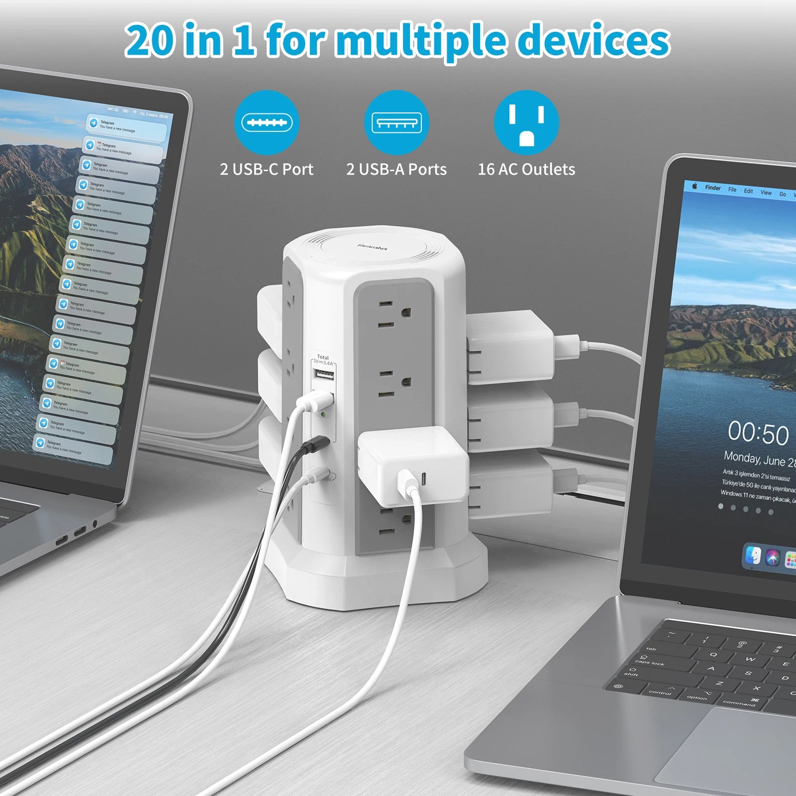 US 4-Layer Tower Power Strip – 16 Outlets with 2 USB-A & 2 USB-C (20W Fast Charge), 3m Cable