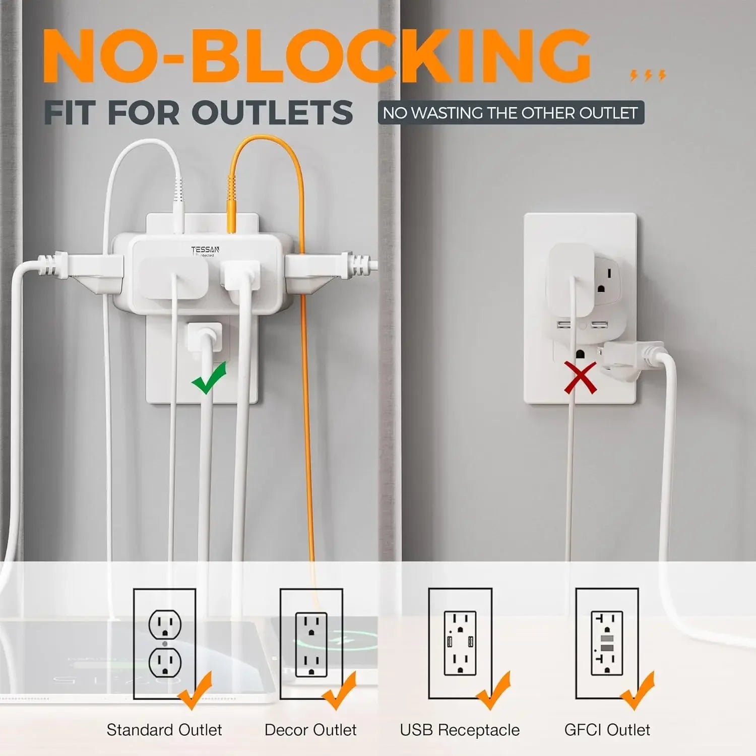 TESSAN Multi-Socket Wall Expander – 4 AC Outlets & 3 USB Ports  & 1 USB - C