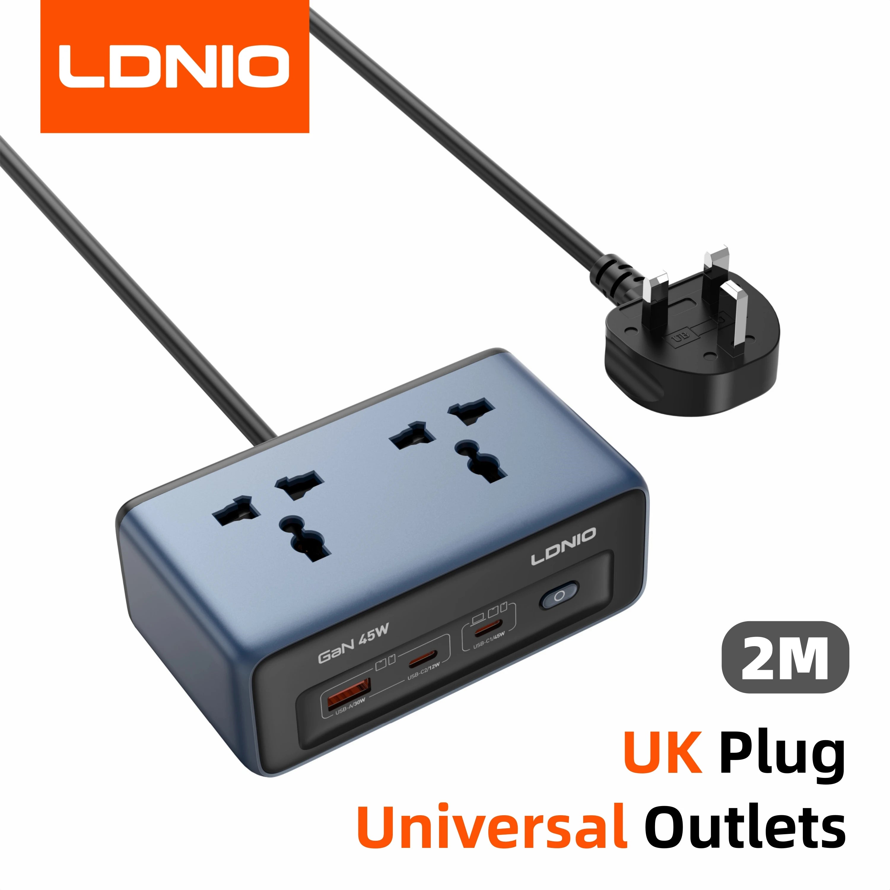LDNIO 45W Fast Charger Cube – USB-C Charging Station with Extension Cable 2 M