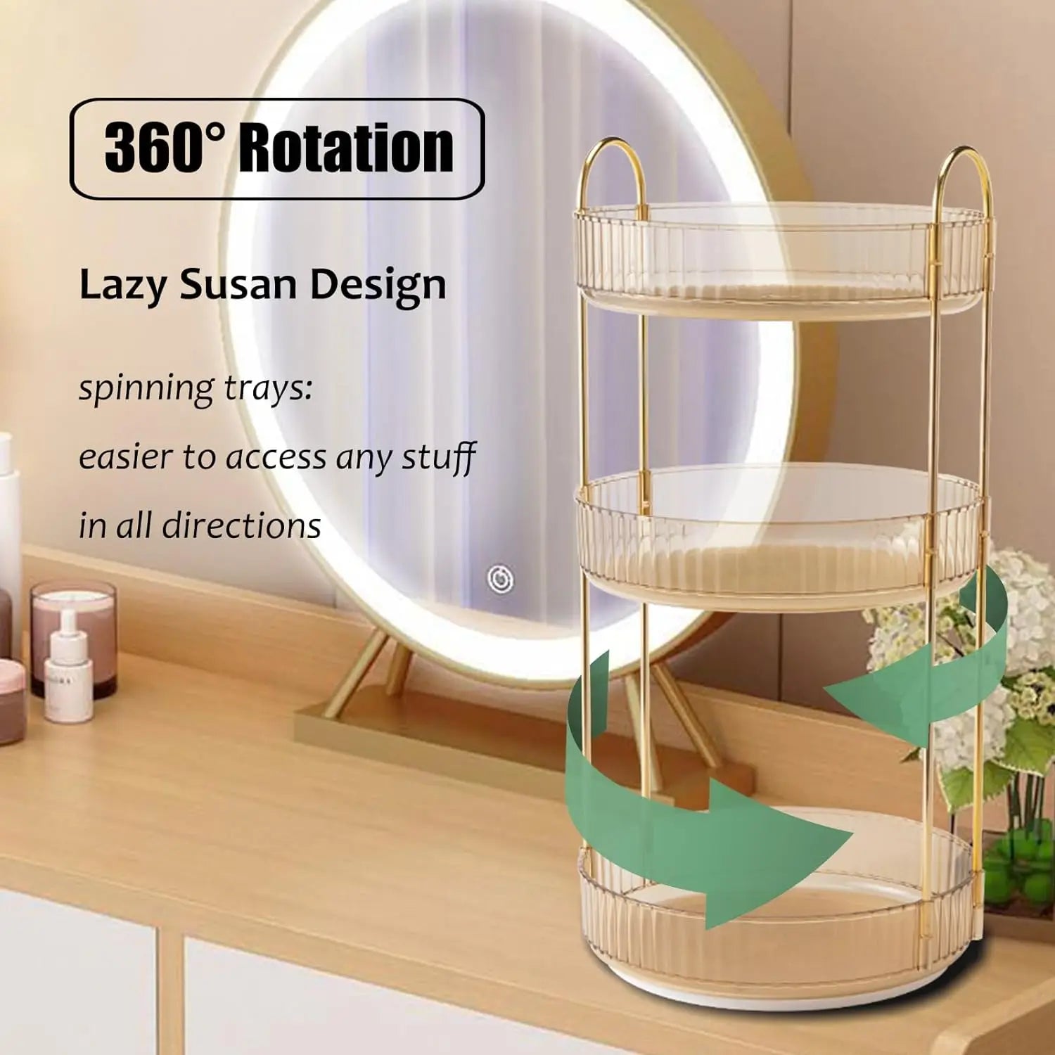 High-Capacity Cosmetic Organizer – 3-Tier Rotating Vanity Storage