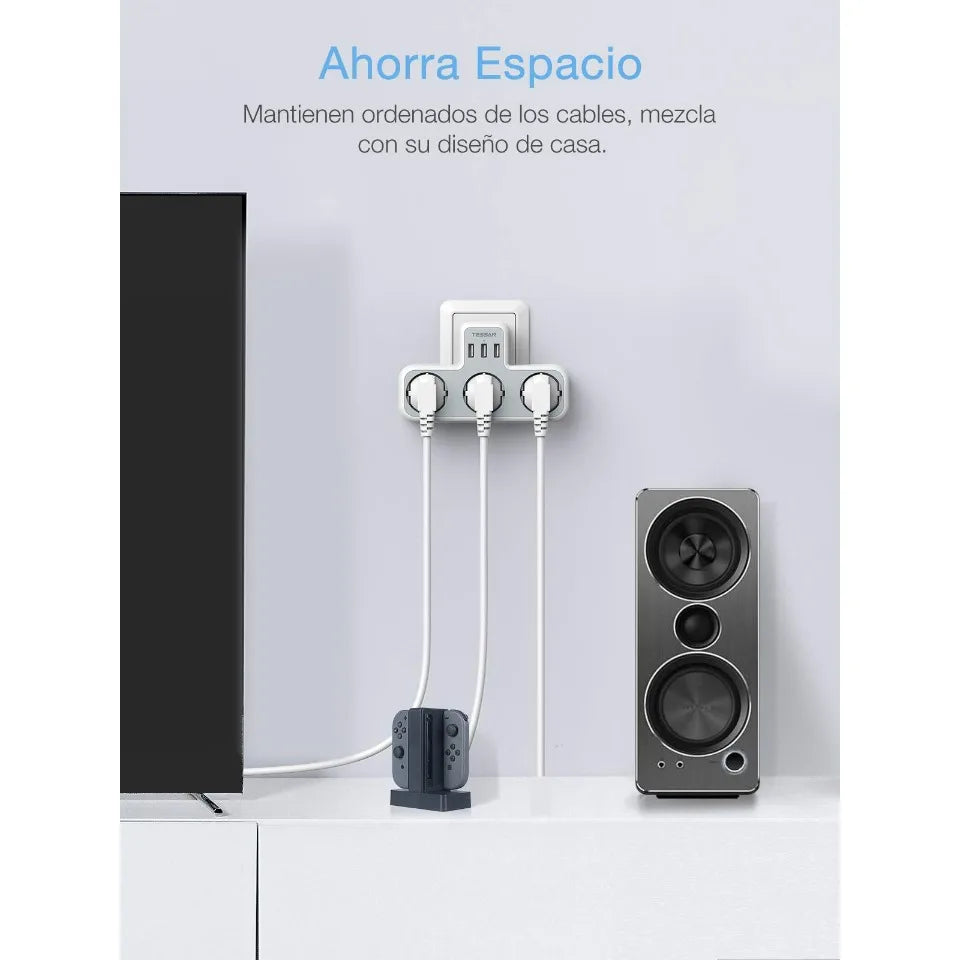 TESSAN Multiple Wall Socket with 3 AC Outlets Charging Ports EU Plug Wall Power Strip with Overload Protection 3fach Stecker Eu