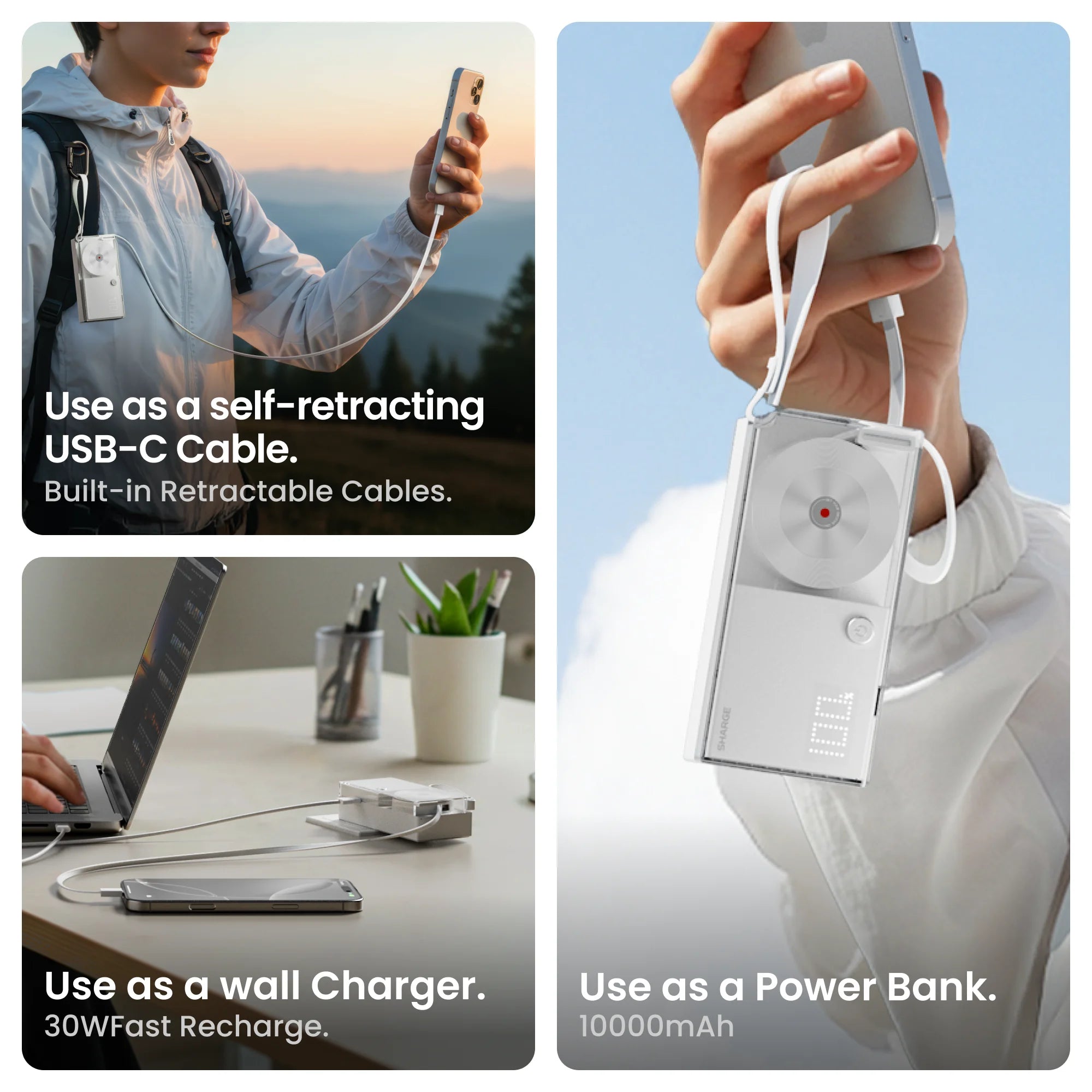 30W Portable 3-in-1 Power Bank – USB-C Charger with AC Plug for Phones