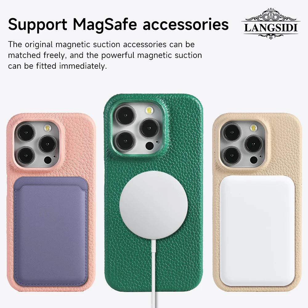 iPhone MagSafe Leather Case – Cowhide Lychee, Pro & Max