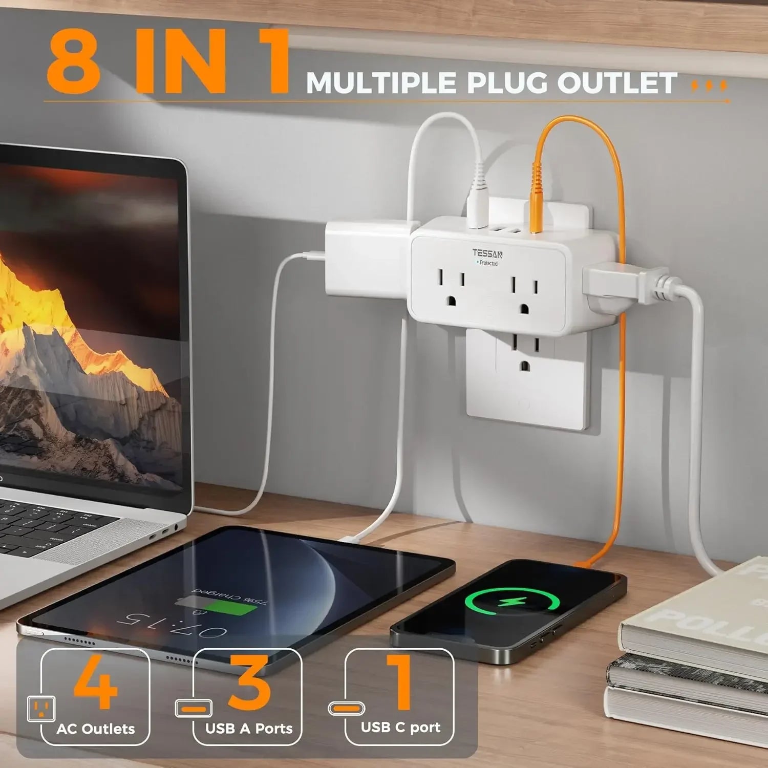 TESSAN Multi-Socket Wall Expander – 4 AC Outlets & 3 USB Ports  & 1 USB - C