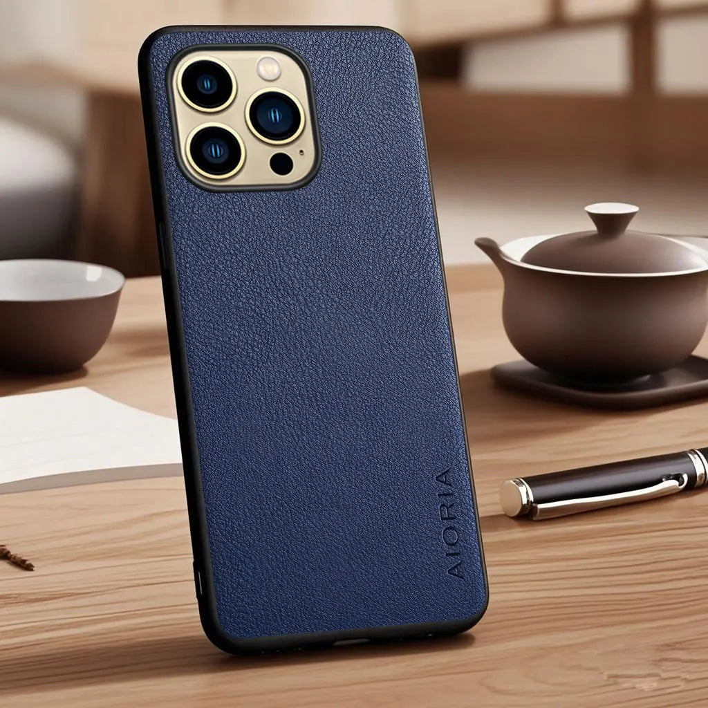 Vegan Faux Lychee Pebbled Leather Case for iPhone 15–17 Series – Soft Protective Cover