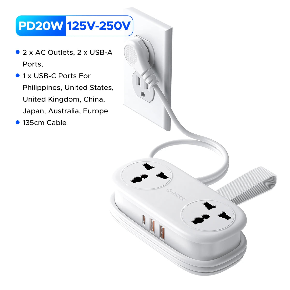 ORICO Power Strip with 2 AC Outlets, USB-C & USB Ports – 20W Fast Charging Extension Cord