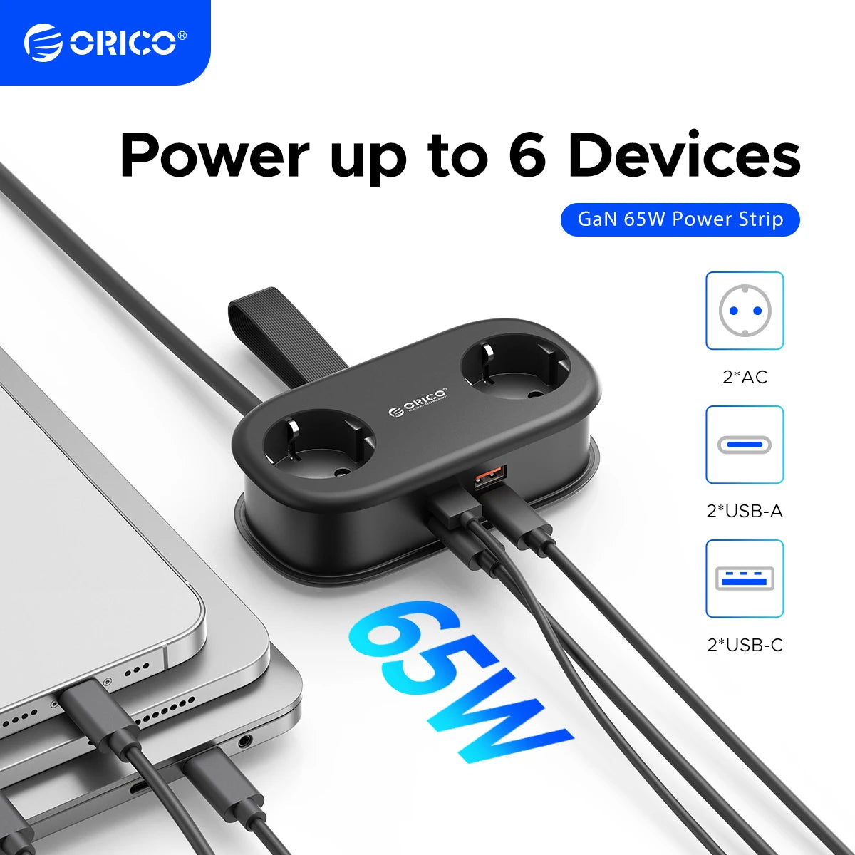 ORICO 65W GaN Power Strip – 2 AC Outlets, 2 USB & 1 USB-C