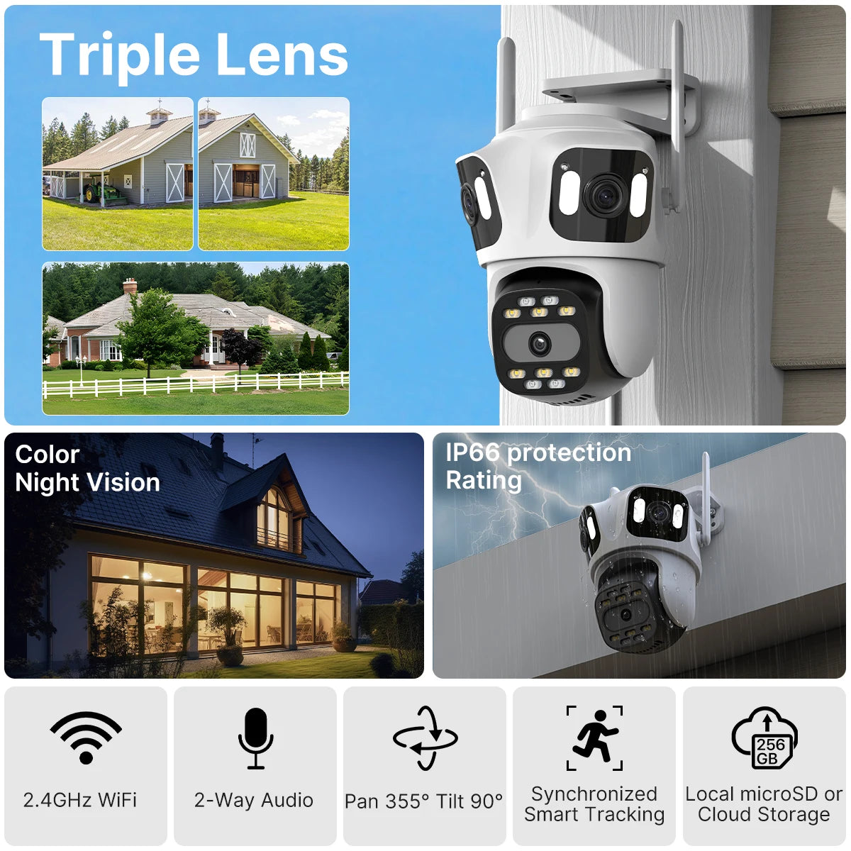 Triple-Lens Wireless Security Camera – AI Human Detection + Auto Tracking (iCSee)