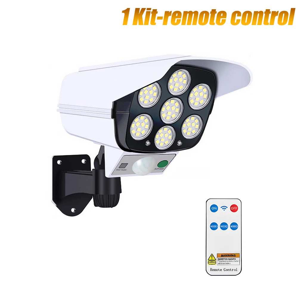 Outdoor Motion Sensor Solar Lights 77 LED FloodLight Waterproof Wireless Dummy Decoy Fake Security Camera for Porch Garden Patio