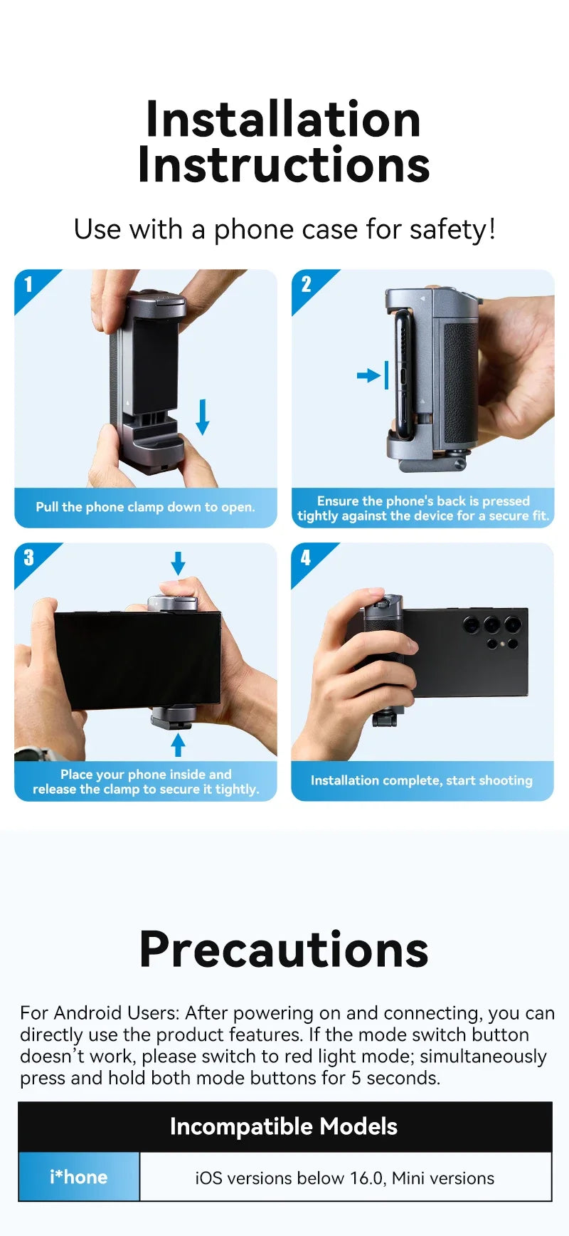 TELESIN Selfie Stick & Phone Holder – Camera Handle with Remote Adapter