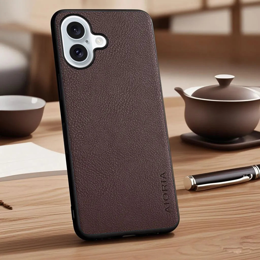 Vegan Faux Lychee Pebbled Leather Case for iPhone 15–17 Series – Soft Protective Cover