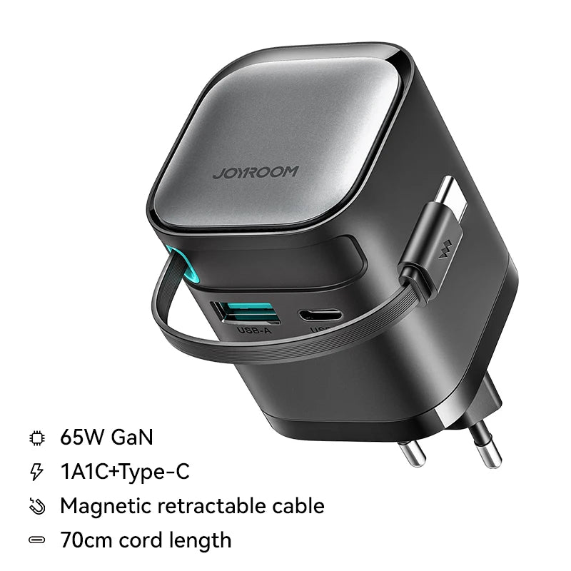 Joyroom 65W GaN PD 3.0 Fast Charger with Retractable USB-C Cable (EU Plug)