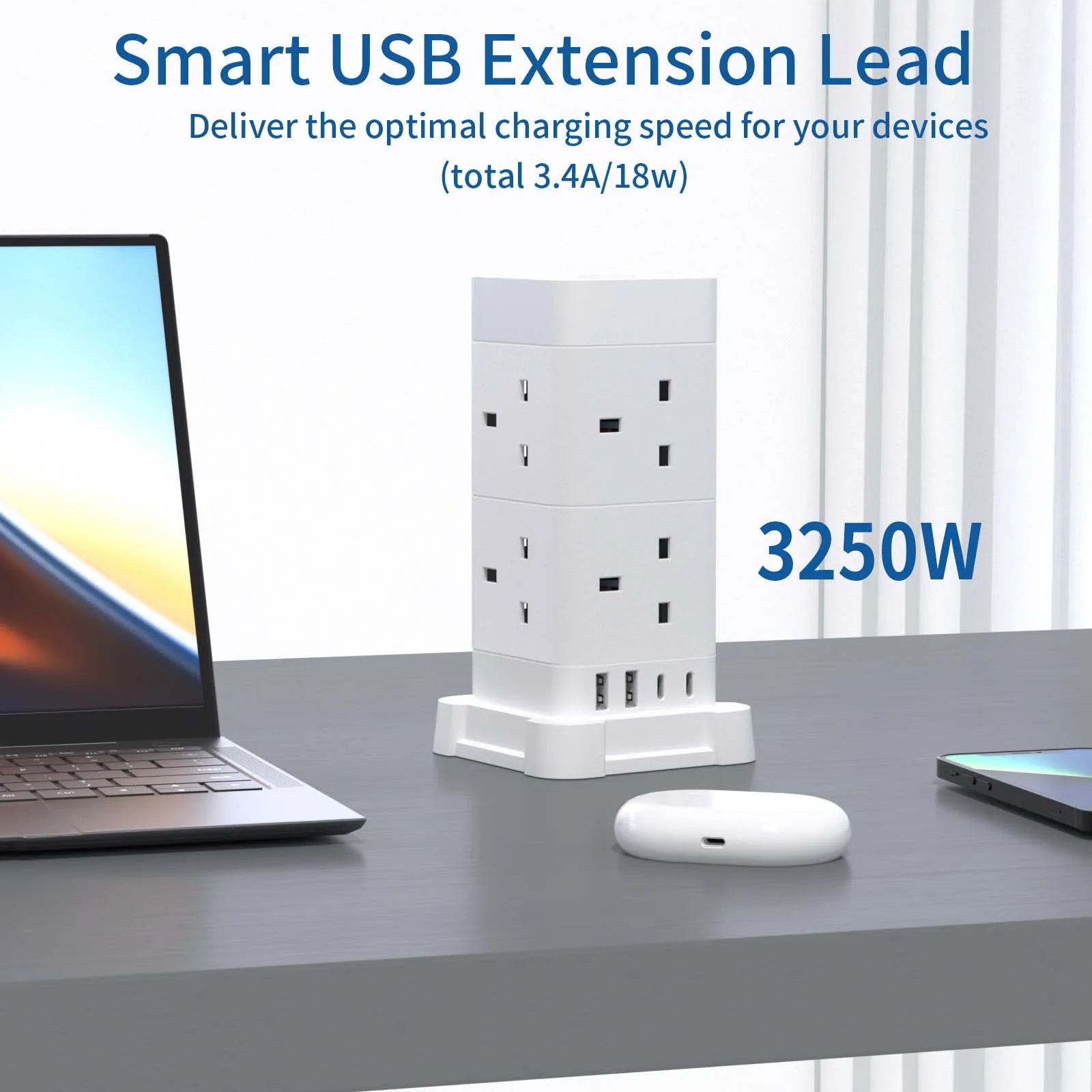 UK Power Tower Extension Lead – Multi Socket Surge Protector with USB-C & USB Charging Ports
