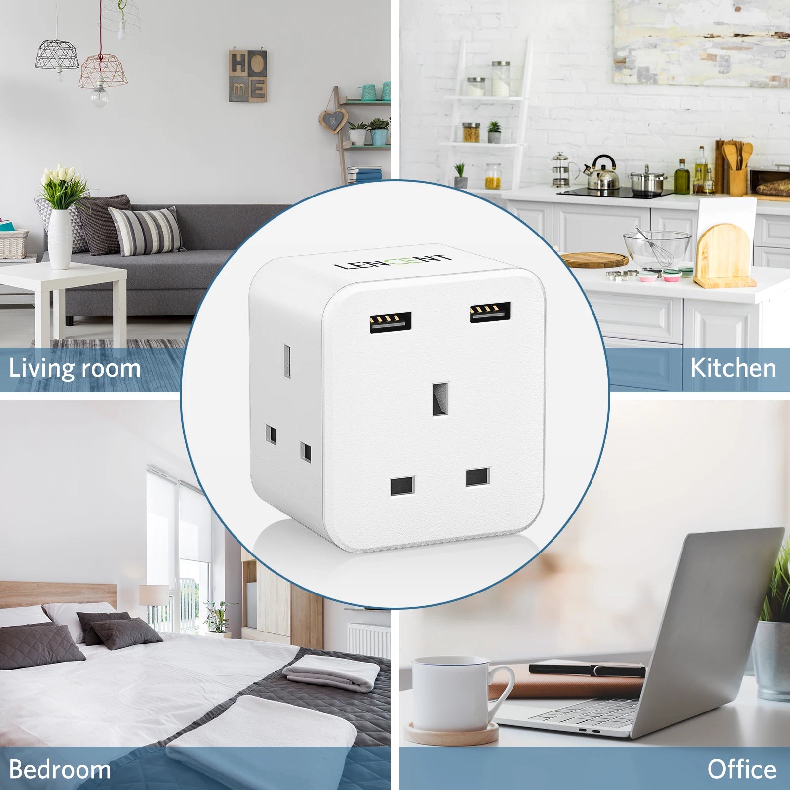 LENCENT UK Plug Power Strip with 3 AC Outlets 2 USB Charging Ports 5V 2.4A Portable Multi Socket Power Adapter for Home Office