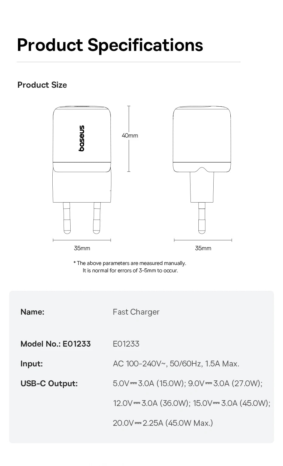 Baseus 45W GaN Charger For iPhone 17 16 15 Pro Max Samsung Galaxy Fast Charger Phone Charger USB C Charger Portable PD Charger