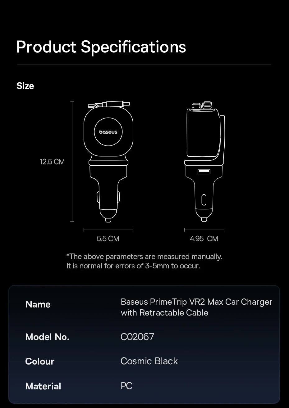 Baseus 240W Car Charger – 4-Port Fast Charging Adapter with Retractable USB-C Cable