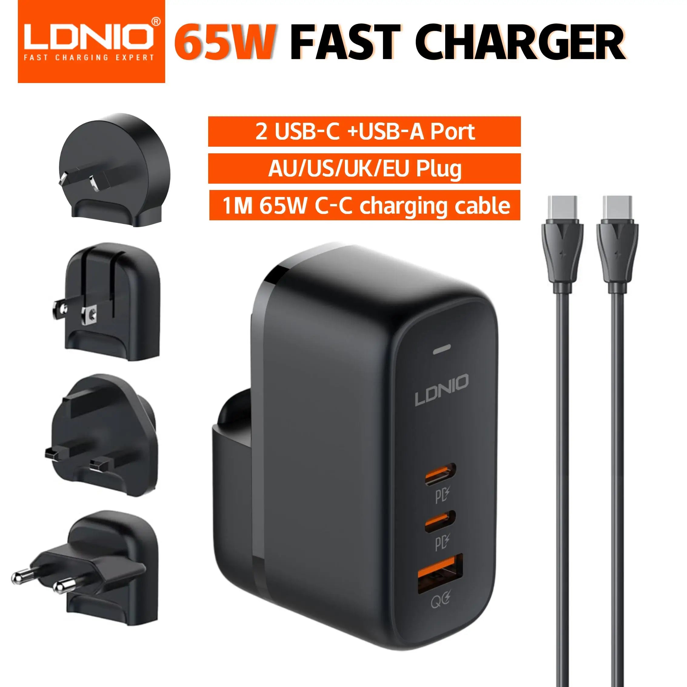 LDNIO 65W GaN USB-C Travel Charger – 3-Port PD/QC Wall Charger with EU/UK/US/AU Adapter