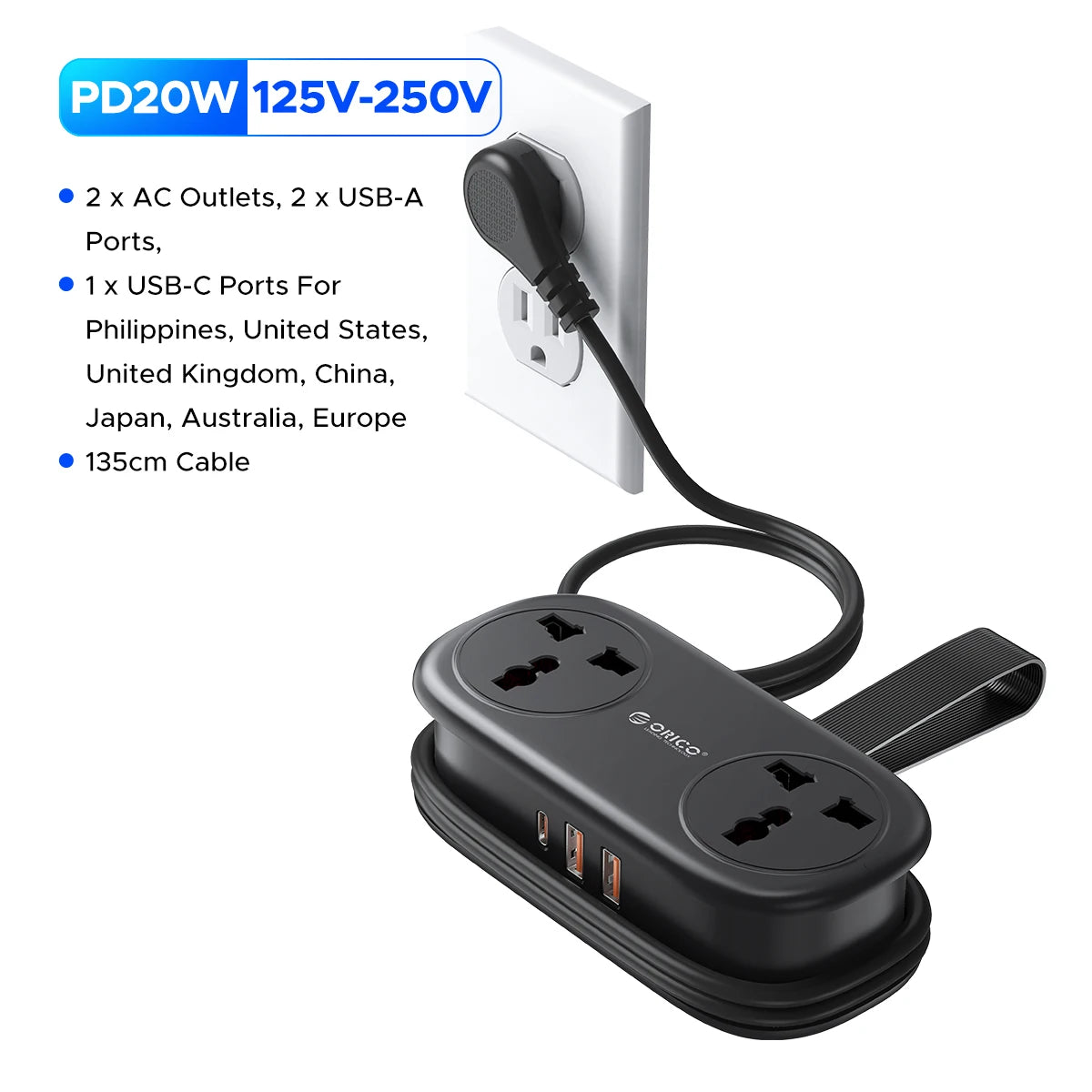 ORICO Power Strip with 2 AC Outlets, USB-C & USB Ports – 20W Fast Charging Extension Cord